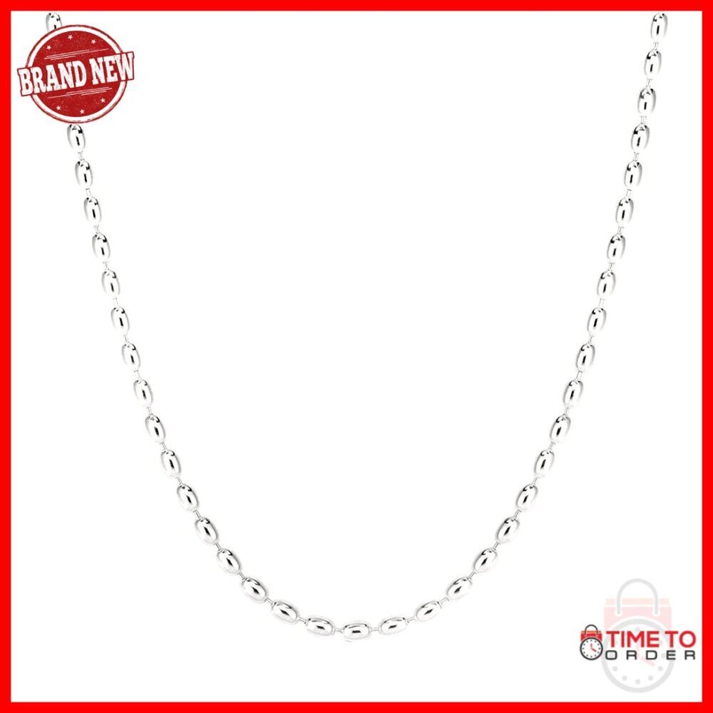 Sterling Silver Oval Rice Bead Strand Necklace 24 Inch Lobster Clasp
